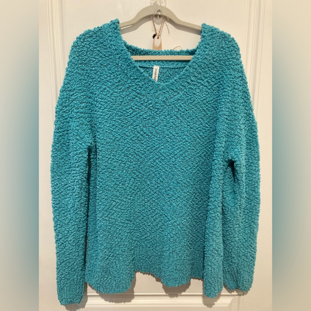 Zenana Nubby Knit Popcorn V-Neck Long Sleeve Turquoise Sweater Women’s Plus 1X